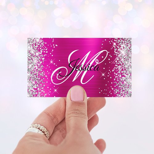Silver Glitter Hot Pink Foil Fancy Monogram Business Card