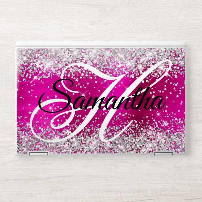 Silver Glitter Hot Pink Foil Fancy Monogram HP Laptop Skin (Front)
