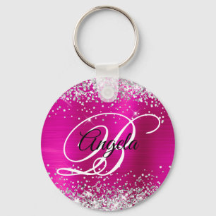 Silver Glitter Hot Pink Foil Fancy Monogram Keychain