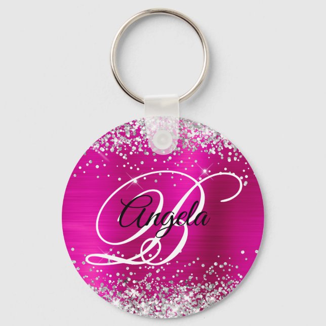 Silver Glitter Hot Pink Foil Fancy Monogram Keychain (Front)