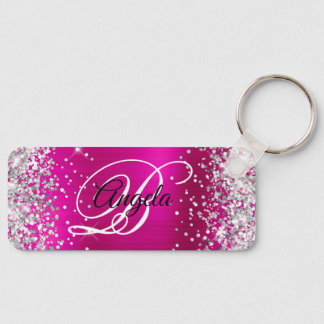 Silver Glitter Hot Pink Foil Fancy Monogram Keychain