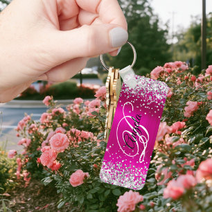 Silver Glitter Hot Pink Foil Fancy Monogram Keychain