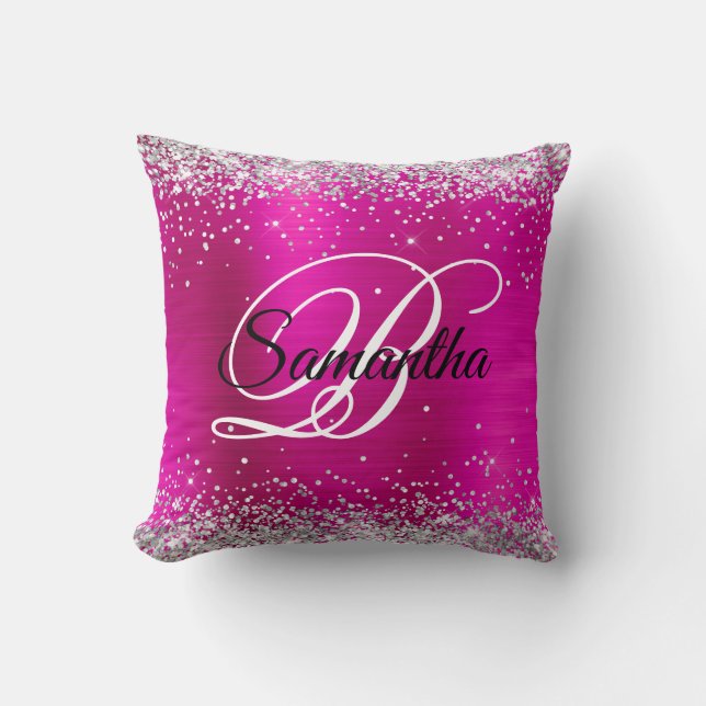 Silver Glitter Hot Pink Foil Fancy Monogram Throw Pillow (Front)