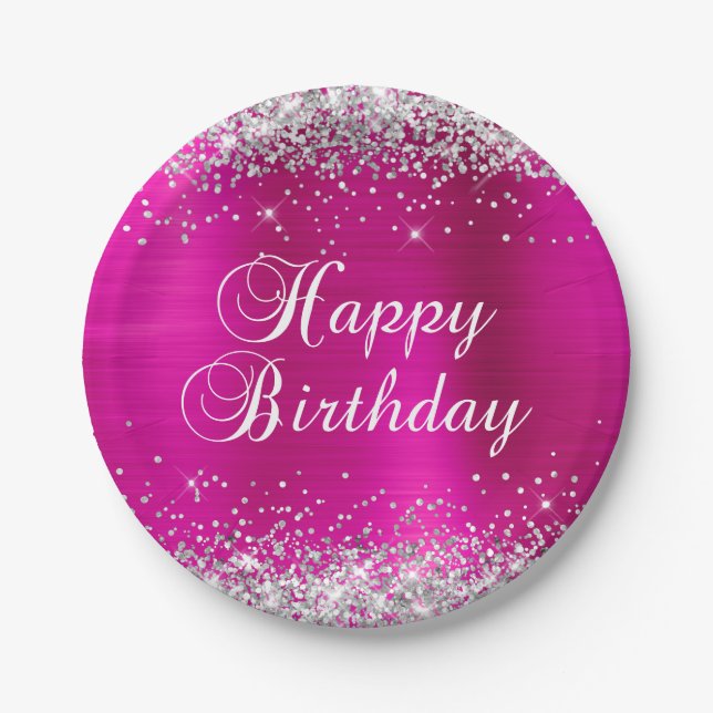 Silver Glitter Hot Pink Foil Happy Birthday Paper Plates (Front)