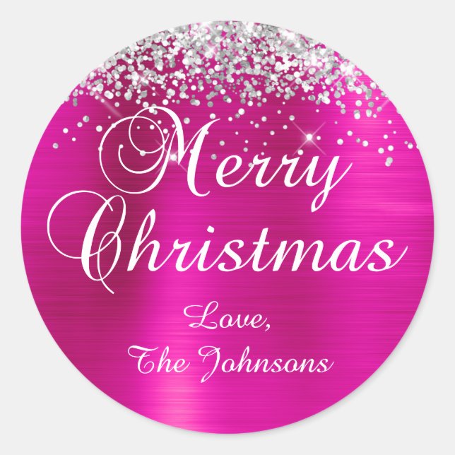 Silver Glitter Hot Pink Foil Merry Christmas Classic Round Sticker (Front)