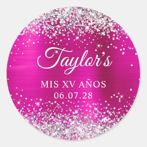 Silver Glitter Hot Pink Foil Mis XV Anos Birthday Classic Round Sticker