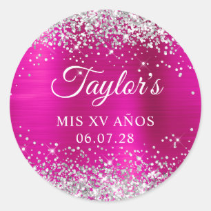 Silver Glitter Hot Pink Foil Mis XV Anos Birthday Classic Round Sticker