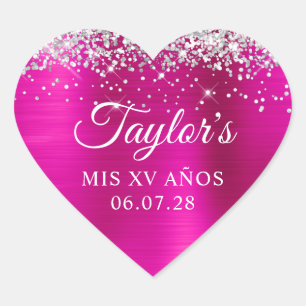 Silver Glitter Hot Pink Foil Mis XV Anos Birthday Heart Sticker