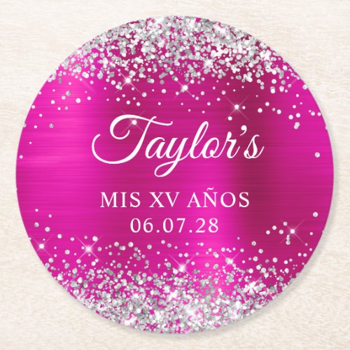 Silver Glitter Hot Pink Foil Mis XV Anos Birthday Round Paper Coaster
