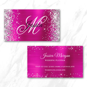 Silver Glitter Hot Pink Foil Monogram Profile Business Card