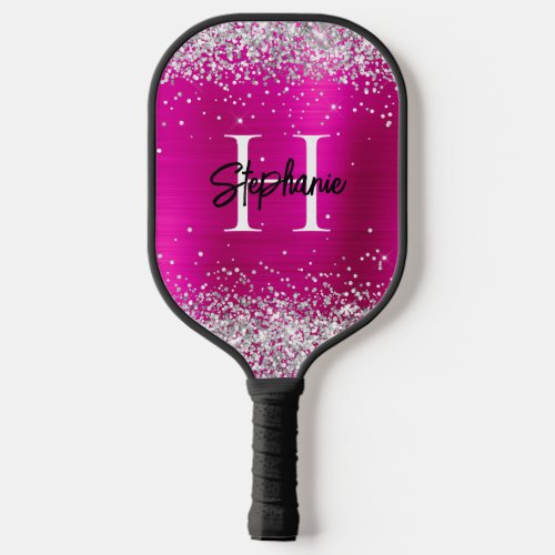 Silver Glitter Hot Pink Foil Monogrammed Pickleball Paddle