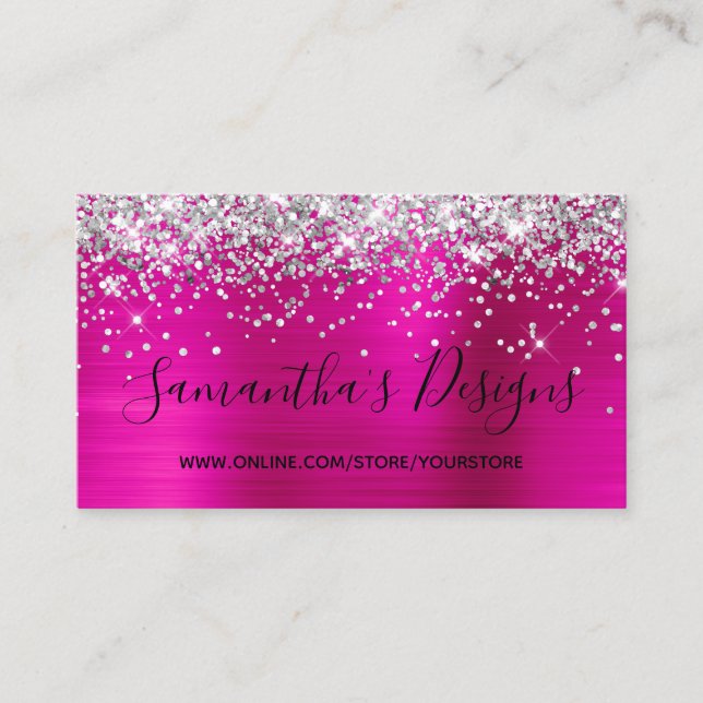 Silver Glitter Hot Pink Foil Online Store Business Card (Front)