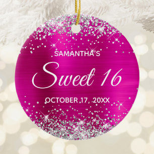 Silver Glitter Hot Pink Foil Sweet 16 Birthday Ceramic Ornament