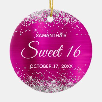 Silver Glitter Hot Pink Foil Sweet 16 Birthday Ceramic Ornament by pinkgifts4you at Zazzle