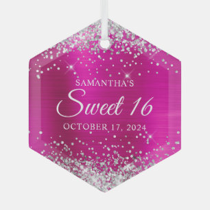 Silver Glitter Hot Pink Foil Sweet 16 Glass Ornament