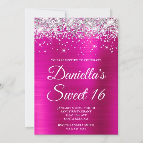 Silver Glitter Hot Pink Foil Sweet 16 Invitation