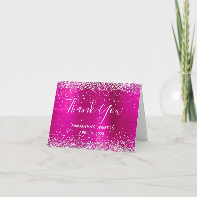 Silver Glitter Hot Pink Foil Sweet 16 Thank You Card (Front)