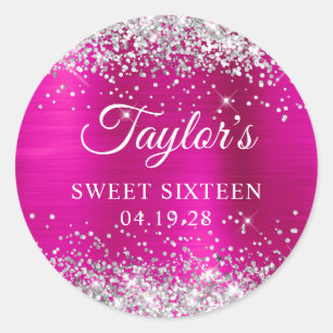 Silver Glitter Hot Pink Foil Sweet Sixteen Classic Round Sticker