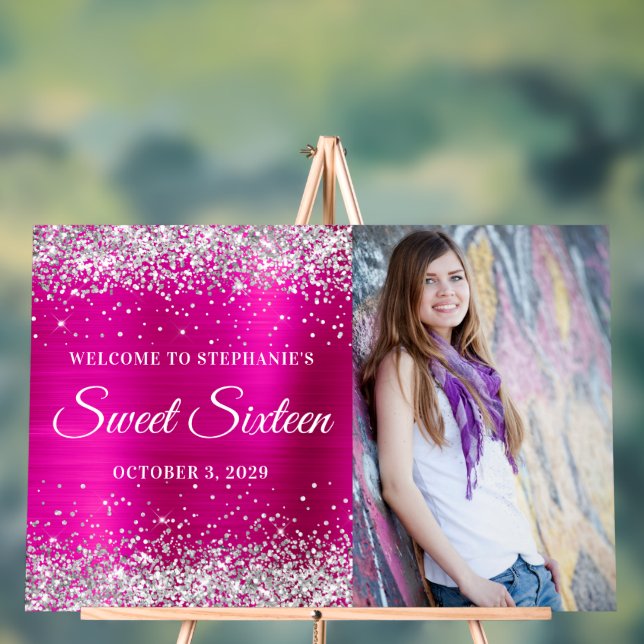 Silver Glitter Hot Pink Foil Sweet Sixteen Welcome Acrylic Sign (Neutral)