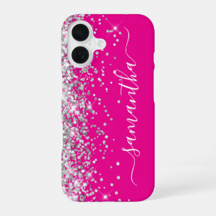 Silver Glitter Hot Pink Girly Signature iPhone 16 Case