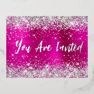 Silver Glitter Hot Pink Glam 21st Birthday Foil Invitation Postcard