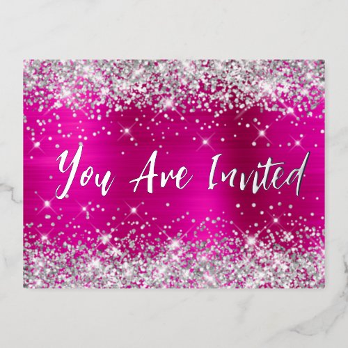 Silver Glitter Hot Pink Glam 21st Birthday Foil Invitation Postcard