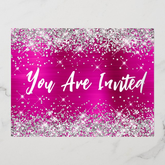 Silver Glitter Hot Pink Glam 21st Birthday Foil Invitation Postcard (Front)