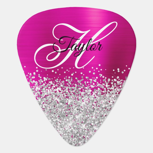 Silver Glitter Hot Pink Glam Fancy Monogram Guitar Pick (Front)