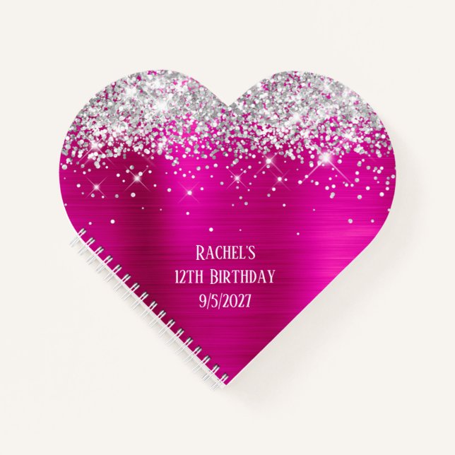 Silver Glitter Hot Pink Glam Heart 12th Birthday Notebook (Front)