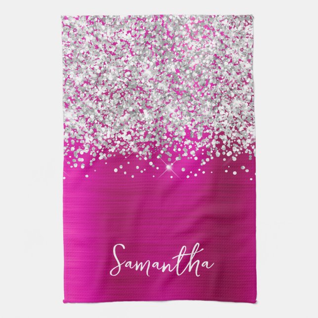 Silver Glitter Hot Pink Glam Name Kitchen Towel (Vertical)