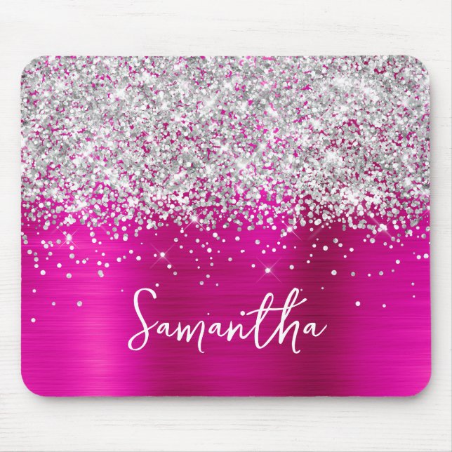 Silver Glitter Hot Pink Glam Name Mouse Pad (Front)