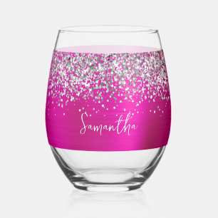 Silver Glitter Hot Pink Glam Name Stemless Wine Glass