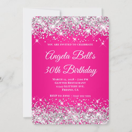 Silver Glitter Hot Pink Gradient 30th Birthday Invitation