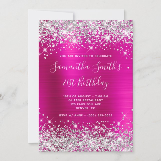 Silver Glitter Hot Pink Monogram 21st Birthday Invitation (Front)