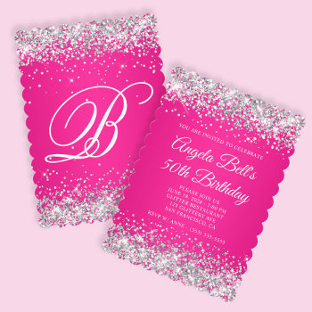 Silver Glitter Hot Pink Monogram 50th Birthday Invitation by annaleeblysse at Zazzle
