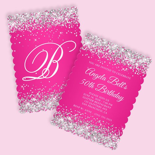 Silver Glitter Hot Pink Monogram 50th Birthday Invitation