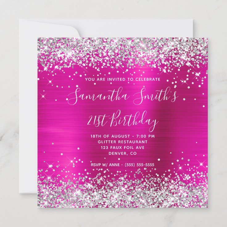 Silver Glitter Hot Pink Monogrammed 21st Birthday Invitation 