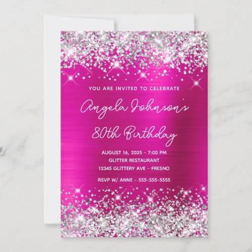Silver Glitter Hot Pink Monoline 80th Birthday Invitation