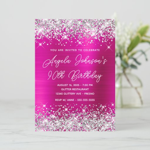 Silver Glitter Hot Pink Monoline 90th Birthday Invitation | Zazzle