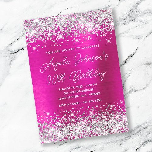 Silver Glitter Hot Pink Monoline 90th Birthday Invitation