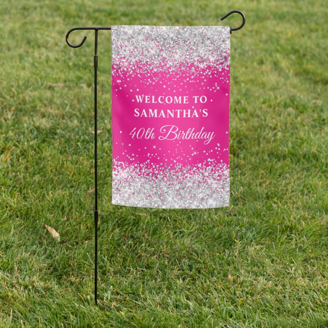 Silver Glitter Hot Pink Ombre 40th Birthday Garden Flag (In SItu)