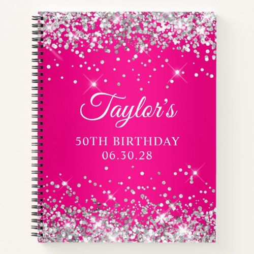 Silver Glitter Hot Pink Ombre 50th Birthday Guest Notebook