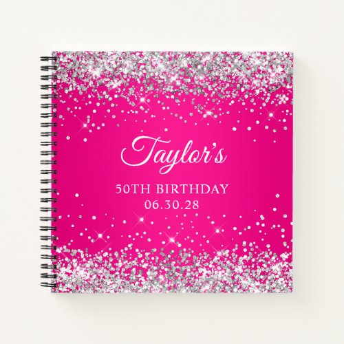 Silver Glitter Hot Pink Ombre 50th Birthday Guest Notebook