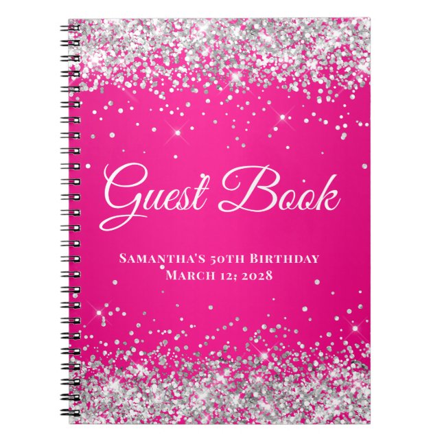 Silver Glitter Hot Pink Ombre Birthday Guest Notebook (Front)