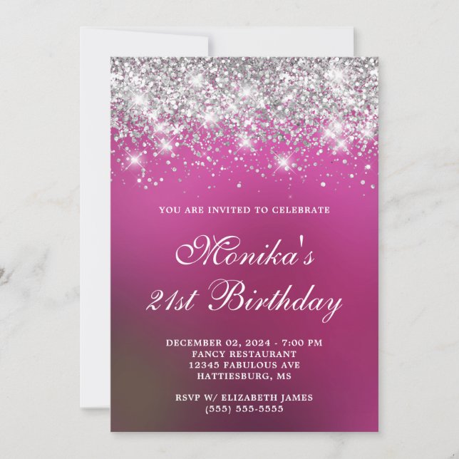 Silver Glitter Hot Pink Ombre Bold 21st Birthday  Invitation (Front)