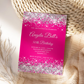 Silver Glitter Hot Pink Ombre Fancy Monogram Invitation by annaleeblysse at Zazzle