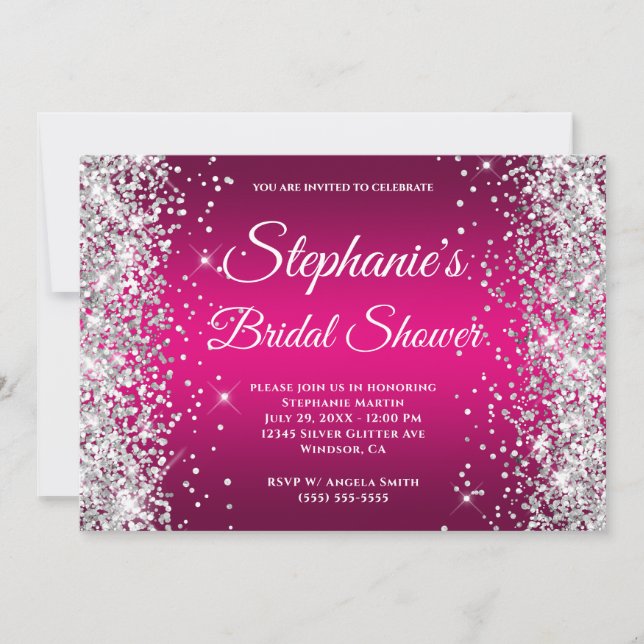 Silver Glitter Hot Pink Ombre Fancy Monogram Invitation (Front)