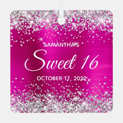 Silver Glitter Hot Pink Ombre Foil Sweet 16 Metal Ornament