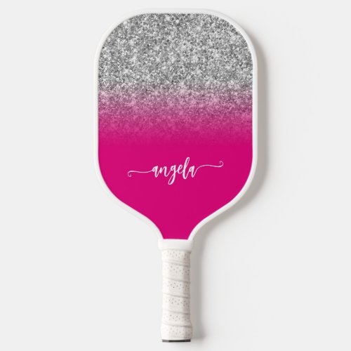 Silver Glitter Hot Pink Ombre Name Pickleball Paddle
