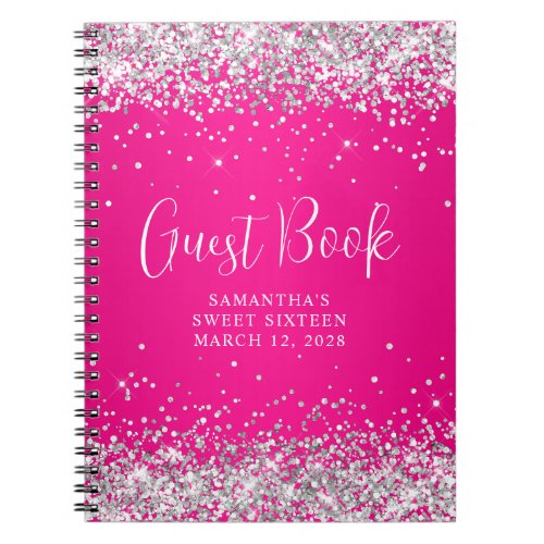 Silver Glitter Hot Pink Ombre Sweet 16 Guest Notebook